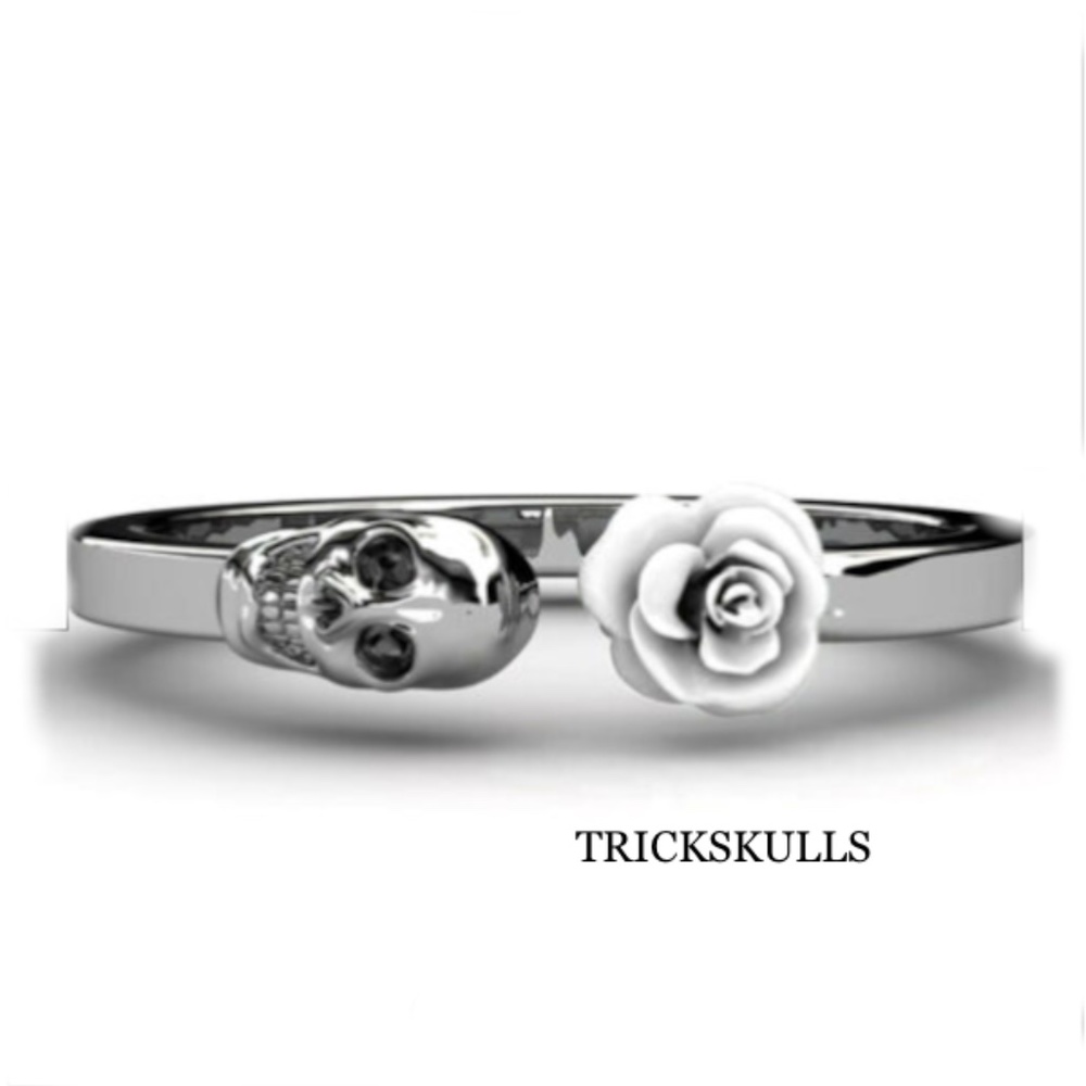 Silver Stainless White Rose & Skull Adjustable Open Ring Size 7 8 9 New!